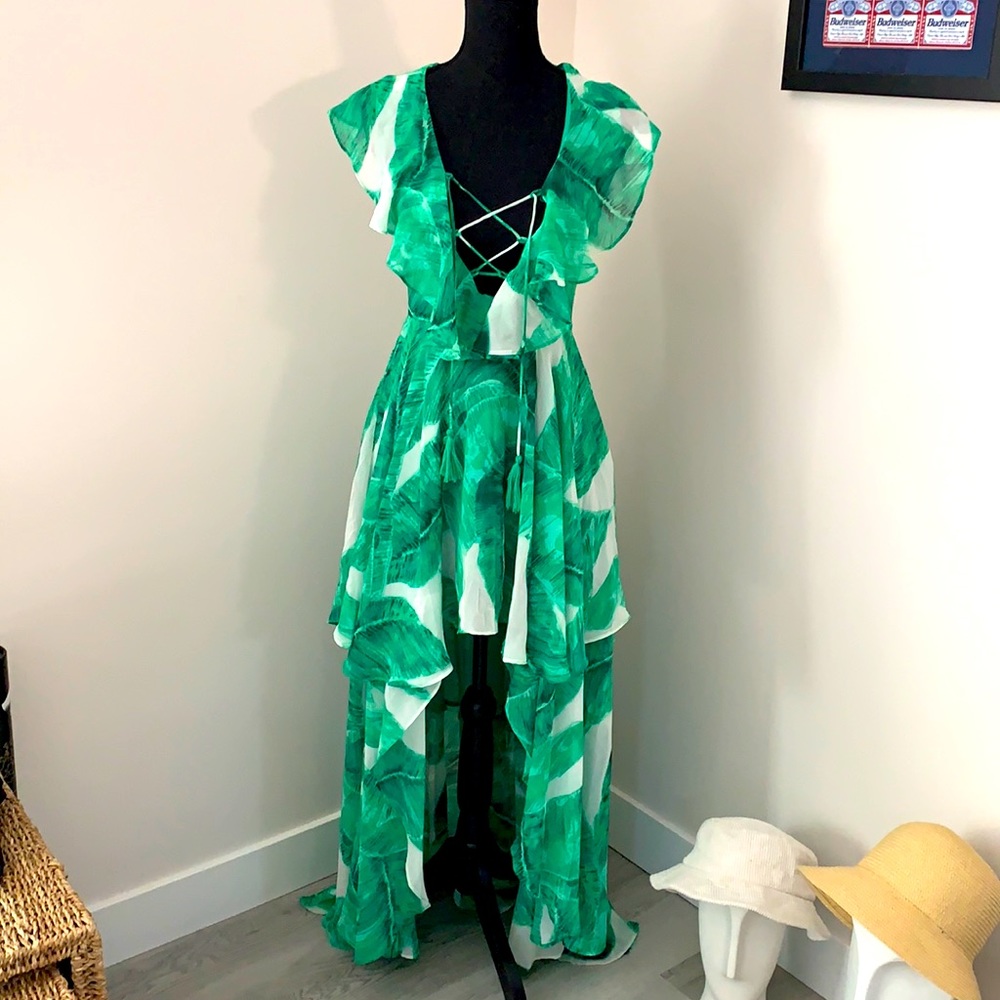 Lola Shoetique Long Green leaf print Dress